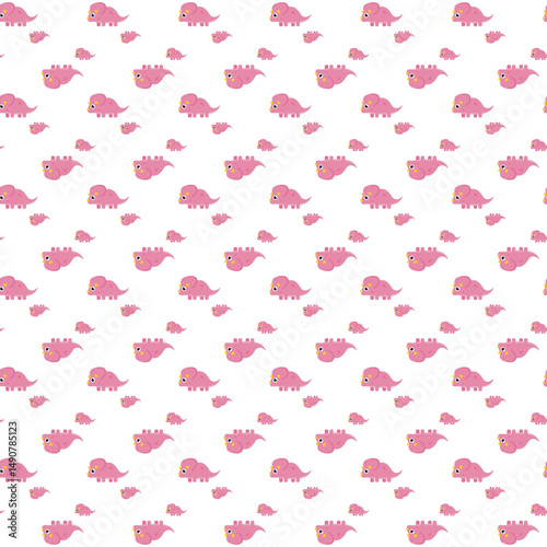 Seamless Pattern of Pink Cartoon Dinosaurs on a White Background