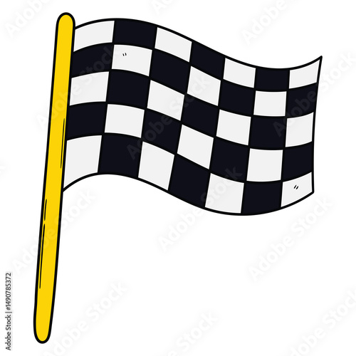 Hand drawn cartoon chequered racing flag on white background.