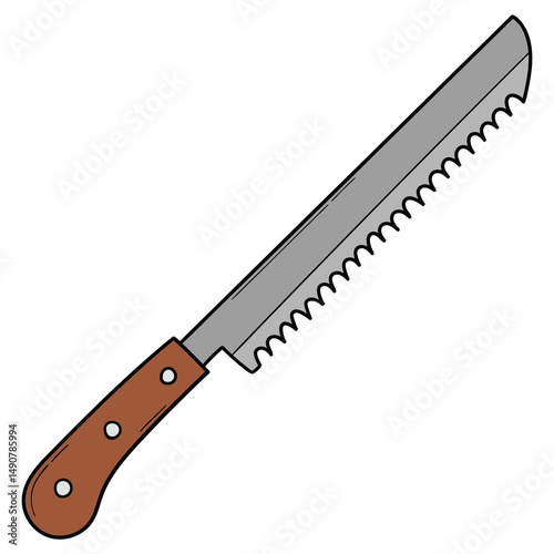 Hand drawn cartoon serrated bread knife on white background.