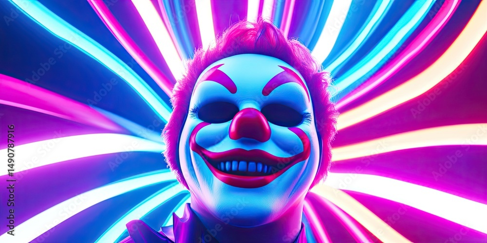 Fototapeta premium A groovy clown mask against a psychedelic spiraling background with bright colors