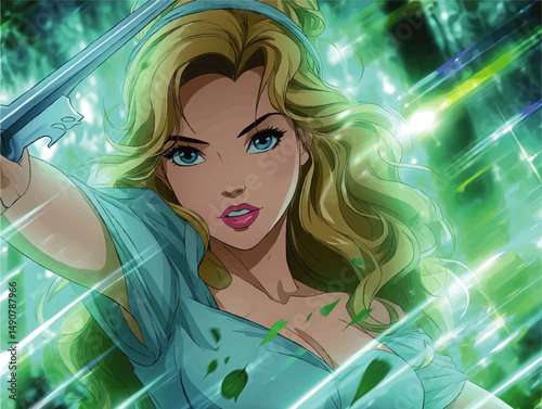 Enchanting Vector Illustration of Powerful Fantasy Woman Heroine with Sword and Blue Eyes in Mystical Magical Forest Scene with Green Sparkling Ethereal Light Effect
