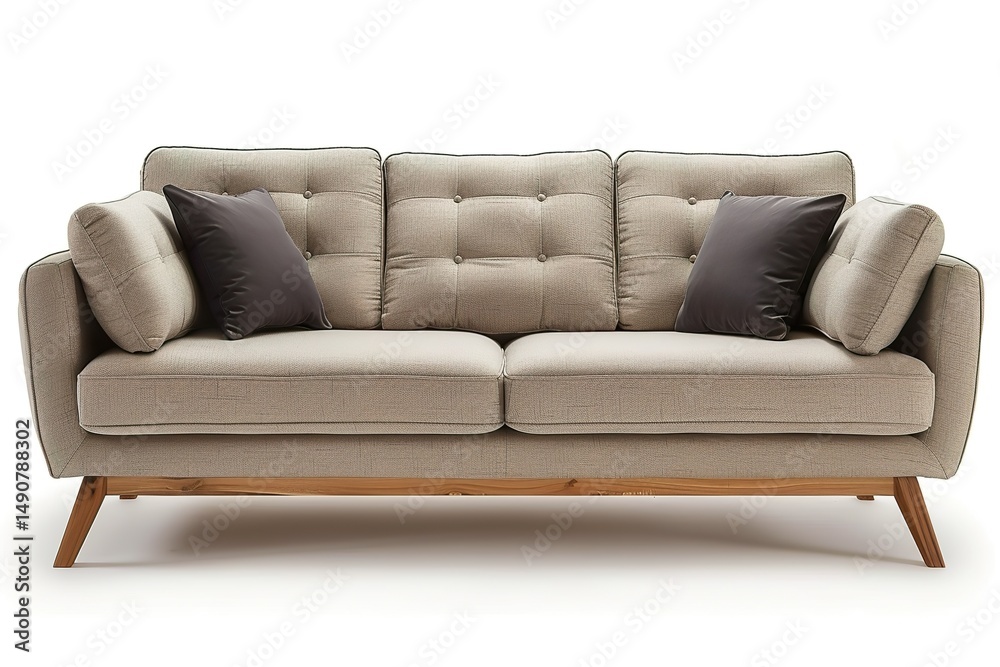 Fototapeta premium A Scandinavian-inspired light gray fabric couch with minimalist design, wooden legs, and soft cushions, placed in a light-filled apartment with simple decor 