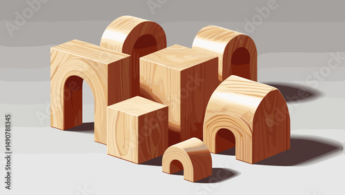 wooden building blocks in various shapes and sizes on a minimalist background