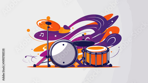 colorful drum set illustration with dynamic abstract elements