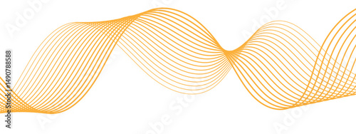 Abstract minimalistic wave pattern composed of smooth, orange gradient curves on a white background. Parallel elliptical lines forming with wave rhythm,  harmonious and flowing motion.