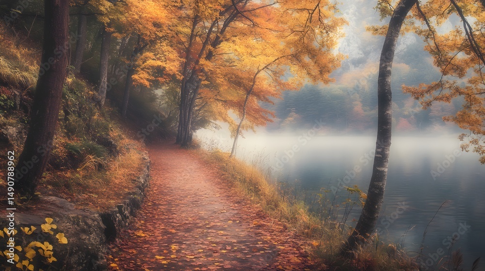 Obraz premium Serene Autumn Pathway Along Misty Lake with Colorful Foliage