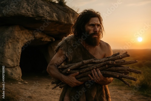 Primitive man gathers firewood at sunset near ancient cave, showcasing survival instincts and connection with nature Generative AI