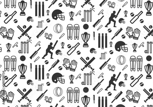 Black Stroke Style Cricket equipment's On White Background.	
