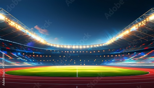 Brightly lit stadium ready for evening sports event with vibrant seating and well-maintained grass field
