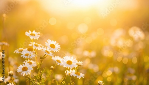 sun-kissed daisies bathed in a warm, golden light, creating a serene and inviting scene. The daisies are in full bloom, and the overall ambiance evokes a sense of peace and tranquility