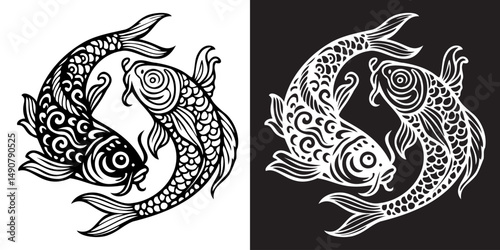 Two black and white fish swimming together in a circle. The fish are positioned in the center of the image, with one fish slightly to the left and the other slightly to the right