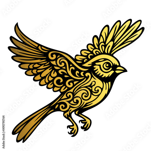 A gold bird with a black beak and a white background. The bird is flying and has a very elegant and graceful appearance