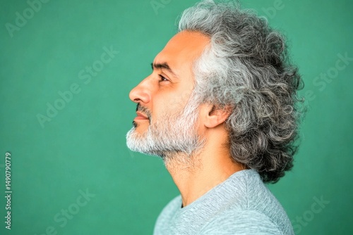 Idea of style for aging men. Green solid background. Elegant men's mullet haircut - midlife middle eastern man with curly hair. A man with a natural glow and soft masculinity.