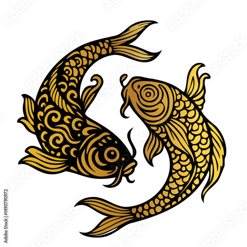Two gold and black fish are swimming in a circle. The fish are in a gold and black color scheme