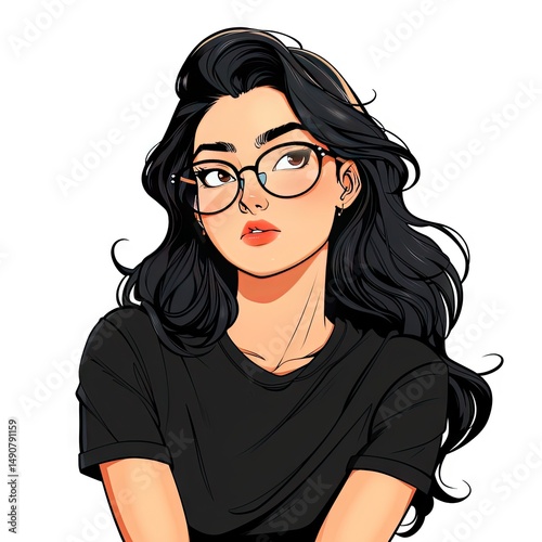 Stylish illustration of a young woman with black hair wearing glasses and a black t-shirt