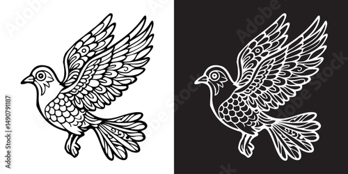 A white and black bird with a black beak. The bird is flying in the air, and its wings are spread out. The black and white color scheme creates a sense of contrast and balance in the image