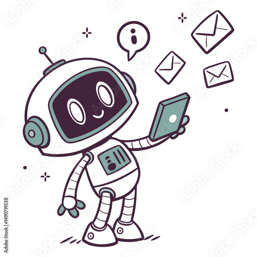 cute ai robot reading emails in a digital environment with modern communication symbols floating