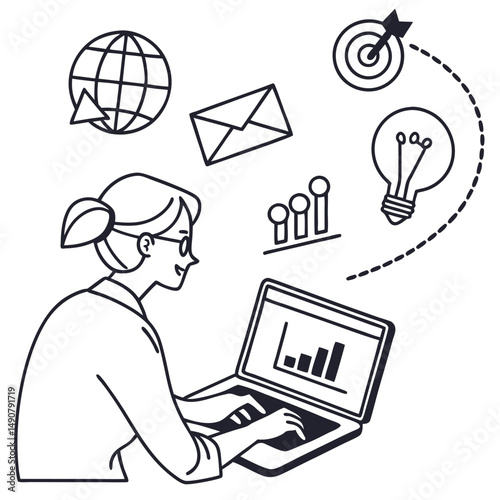 minimalist woman using laptop with icons of email, analytics and innovation in clean line art style