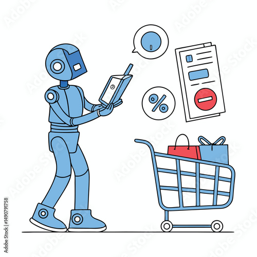 blue robot analyzing retail data and pricing for shopping decisions in smart ecommerce interface
