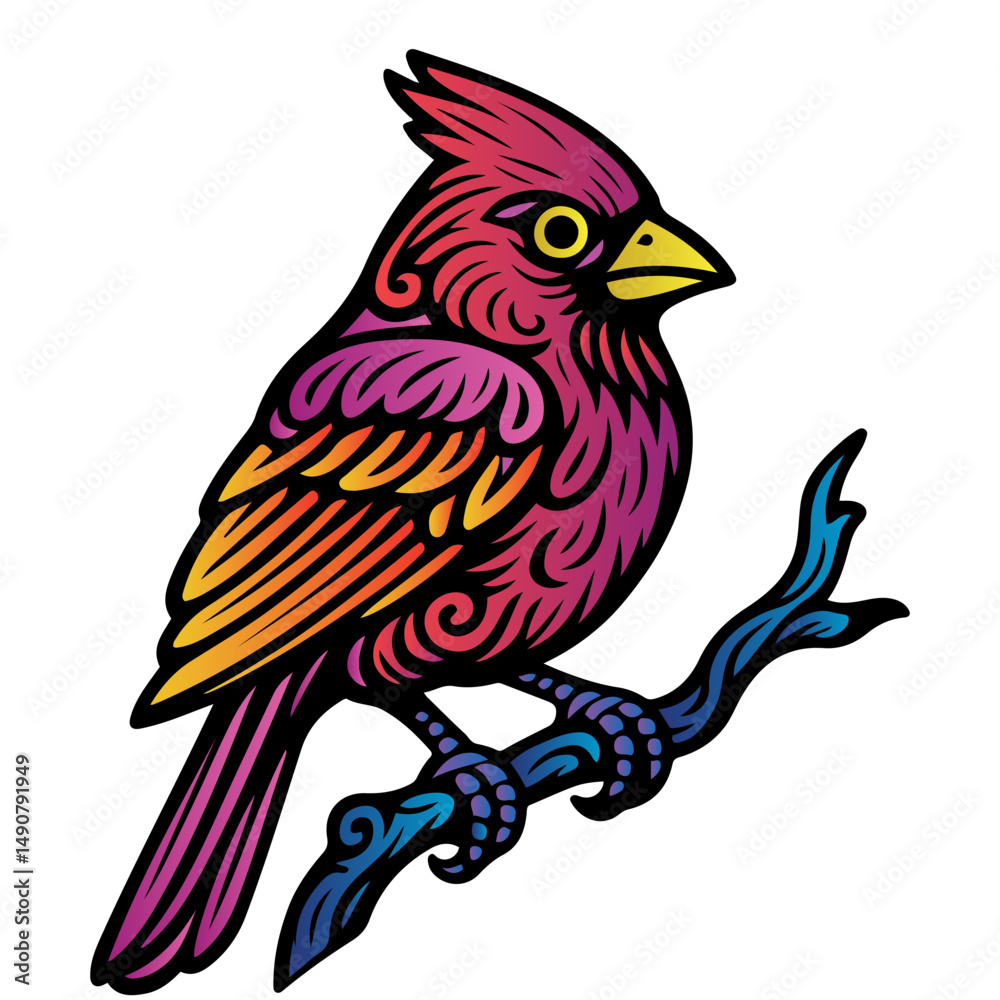 Fototapeta premium A colorful bird with a pink head and orange wings sits on a branch. The bird is surrounded by a rainbow of colors, giving it a vibrant and lively appearance. Concept of joy and energy