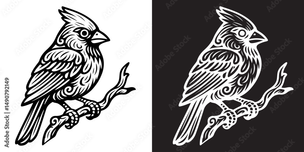 Obraz premium Vintage styled artwork showcasing an intricately detailed bird perched on a branch, presented in black and white. This design depicts artistic craftsmanship and natural beauty