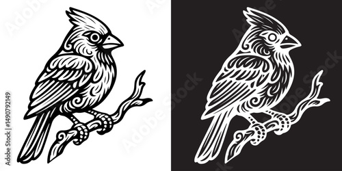 Vintage styled artwork showcasing an intricately detailed bird perched on a branch, presented in black and white. This design depicts artistic craftsmanship and natural beauty