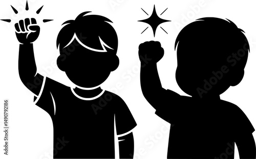 A strong black silhouette of a child with a raised fist and a shining star represents empowerment in the fight against child labor, making it perfect for advocacy and awareness campaigns