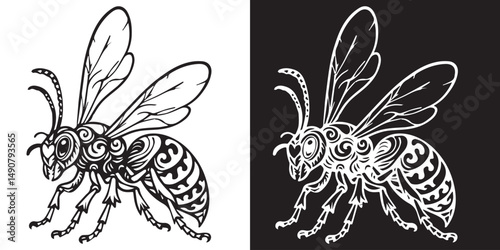 A black and white drawing of a bee with a black and white background. The bee is shown in two different colors, one in black and white and the other in color. The bee is drawn with a lot of detail
