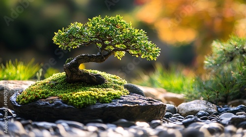 Peaceful Zen Garden with Bonsai Tree in Serene Outdoor Setting