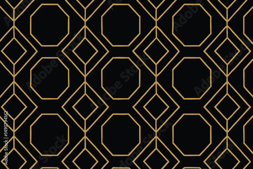 Seamless Art Deco Geometric Pattern with Golden Outlines on Black Background Luxury Vintage Vector
