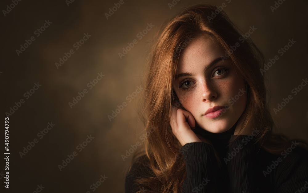 Fototapeta premium Stunning portrait of a young redhead woman with freckles. Elegant style, calm mood. Ideal for fashion, beauty, and lifestyle projects.