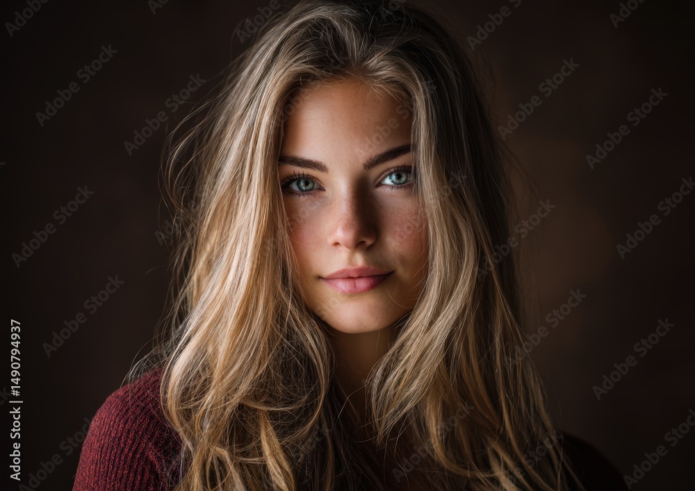 Fototapeta premium Stunning blonde woman portrait, captivating gaze, natural beauty. Ideal for beauty, fashion, and advertising. Perfect for websites, magazines, and social media.