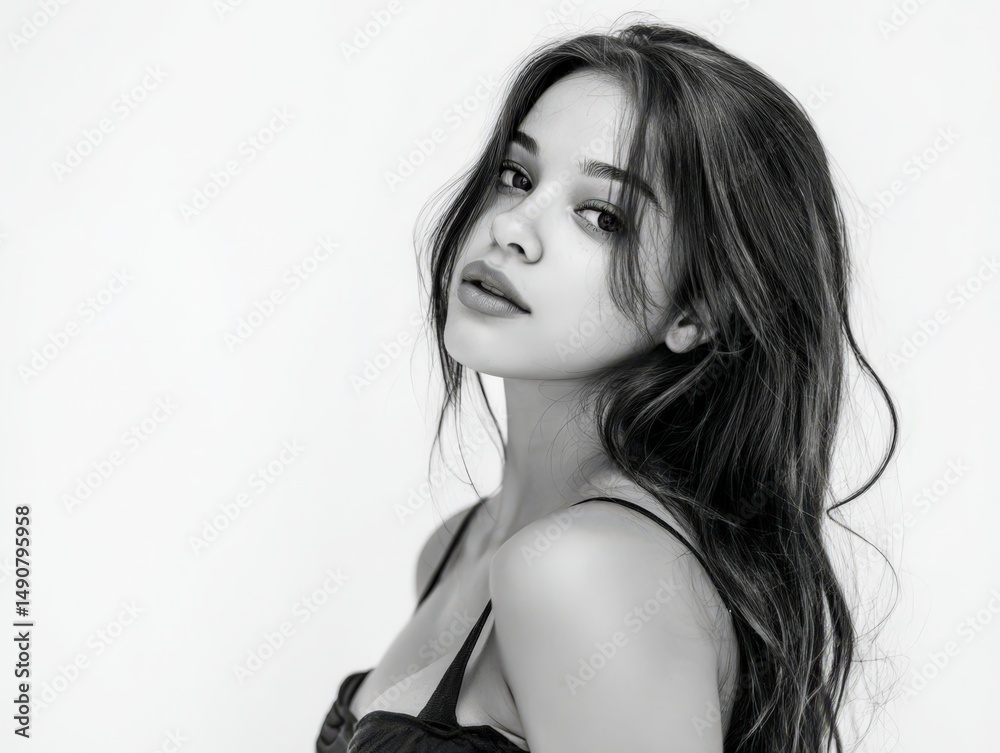 Fototapeta premium Monochrome beauty portrait of a woman with long hair. Elegant, stylish, and perfect for fashion, beauty, or cosmetic advertising. Ideal for websites, magazines, and social media.