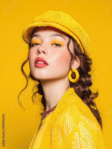Vibrant fashion portrait of a young woman in yellow.  Perfect for beauty, fashion, and lifestyle projects. Ideal for websites, magazines, social media.