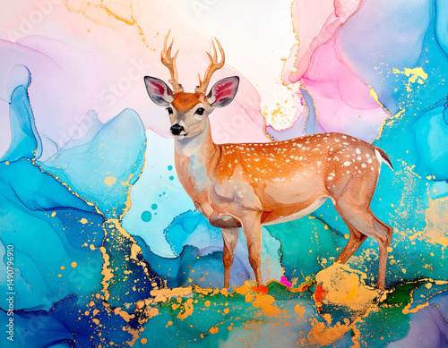 Colorful deer standing among vibrant blue and pink abstract backgrounds with splashes of gold
