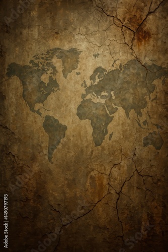 Ancient world map illustrated on weathered paper with textured cracks Generative AI