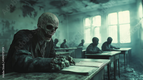 Skeletons seated at desks during final school exams in a dark classroom  