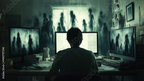 Young adult sitting at desk with multiple screens in dark room