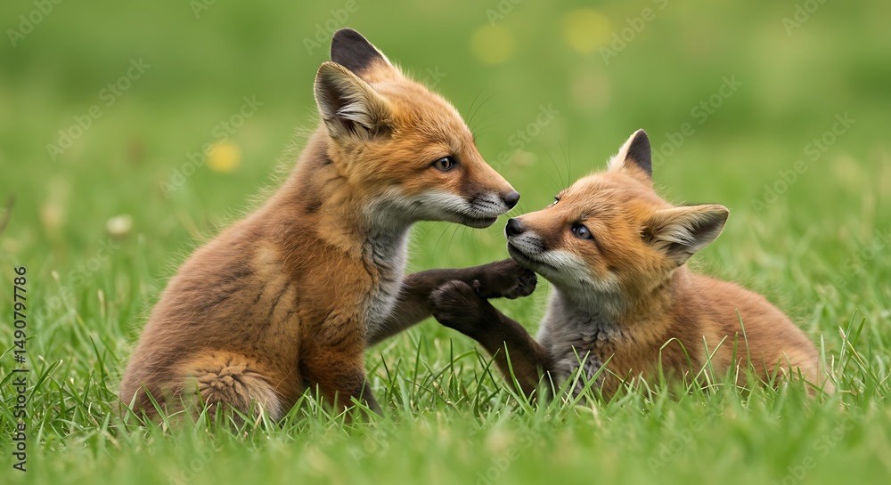 Fototapeta premium Fox cubs playful interaction