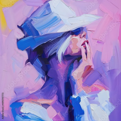 Elegant portrait of a woman with a white hat rendered in an impressionistic oil painting style