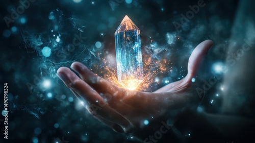 Hand holding up a luminous crystal with magical energy a symbol of power healing and spiritual awakening in a fantasy realm