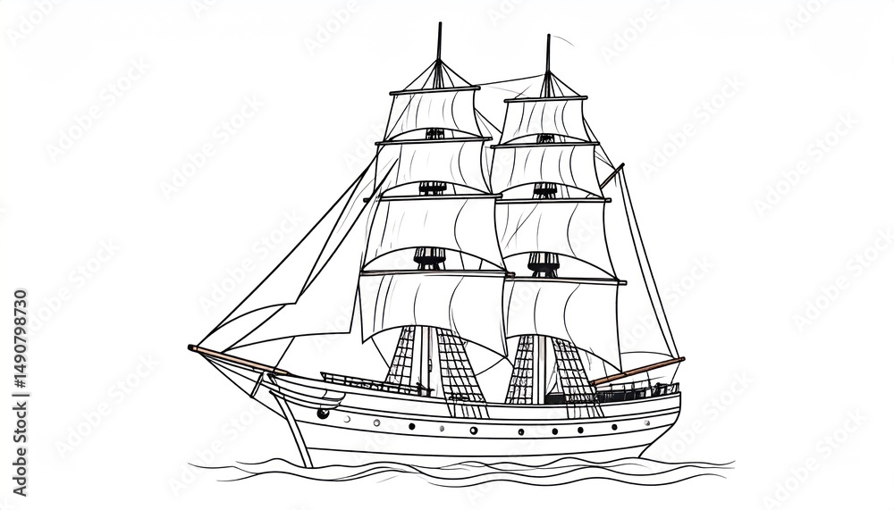 custom made wallpaper toronto digitalDetailed Line Drawing of a Classic Sailing Ship on Gentle Waters Graphic