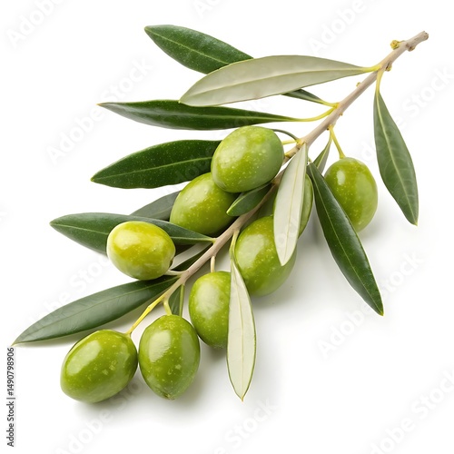 Freshly Picked Green Olives on a Branch with Leaves Ready to Eat