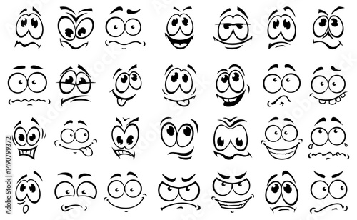 Comic Emotions: A curated collection of cartoon faces depicting a wide range of emotions, from joy and surprise to anger and sadness, offering a versatile resource for illustrating human expressions.