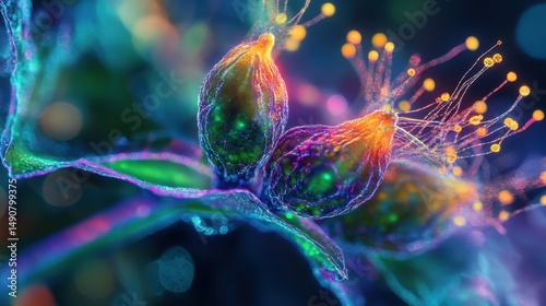 Radiant Flower Bud with Bioluminescent Particles, a Macro Perspective of Future Flora with Bokeh Effect, Digital Art