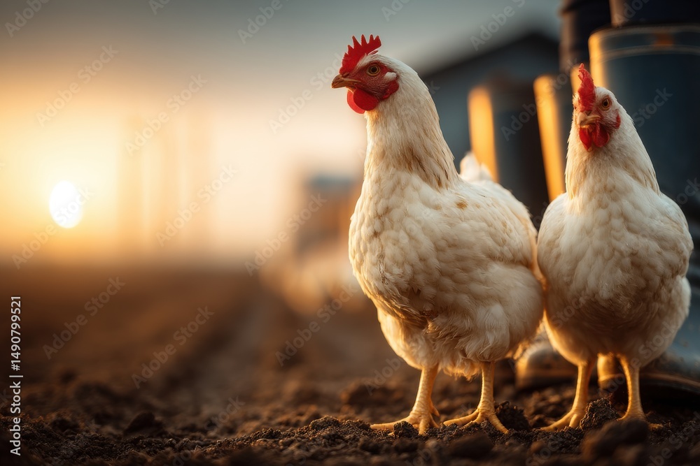 Fototapeta premium Two white chickens standing in a farmyard at sunset, illuminated by the golden light, creating a rural and agricultural scene with a blurry background and soft light.