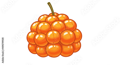 Cartoon cloudberry cluster with glossy orange spheres and a green stem