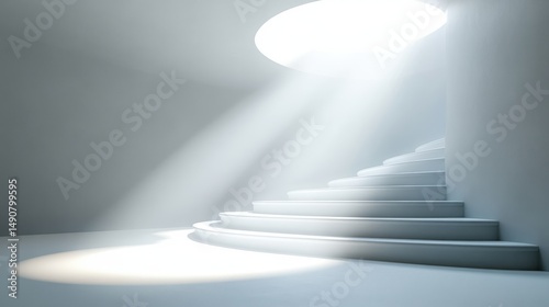 Staircase leading to illuminated exit in white room with a single light source for clean hopeful concept