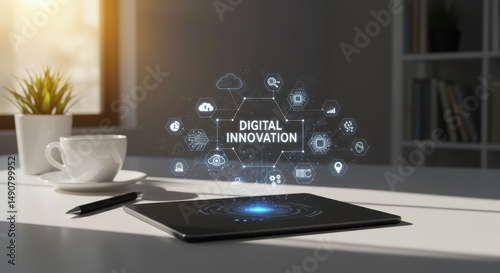 Digital Innovation Hologram on Tablet Conceptualizing Future Tech Solutions for Business Success in Modern Workspace Environment and Connectivity