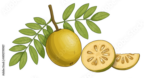 Detailed Illustration of Bael Fruit with Leaves Showing Sections and Whole Fruit